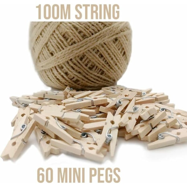 60 Mini Wooden Pegs + 100m String, Mini Pegs for DIY Decoration, Decorative Mini Wooden Clothespins, Small Clothespins for Crafts, Wedding