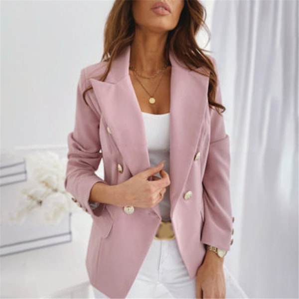 Dobbeltspentet Blazer for kvinner med lange ermer, frakk, formell forretningscasual, slank passform, yttertøy, rosa Pink L