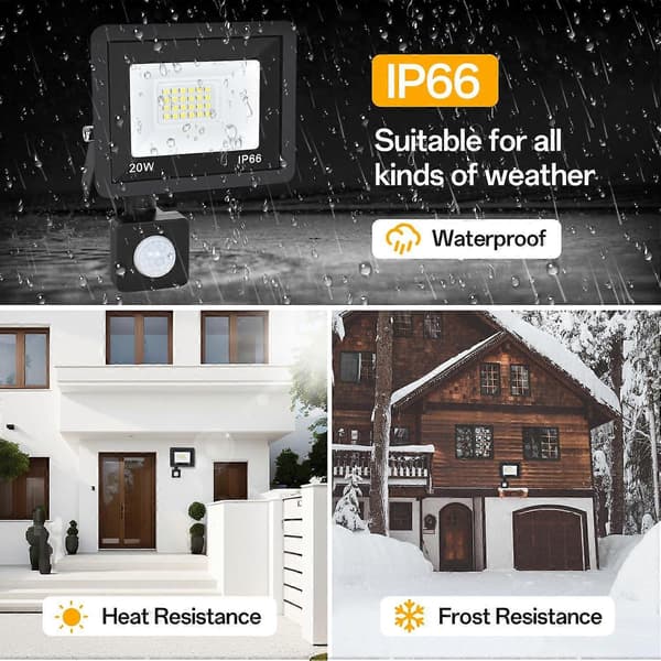 Utomhus rörelsesensor strålkastare 20W plugin LED säkerhetslampa IP66 vattentät 6000K Superljus