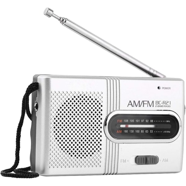 Bärbar radio, FM-radiospelare driven av 2 AA-batterier (ingår ej), miniradio med inbyggd högtalare, silver