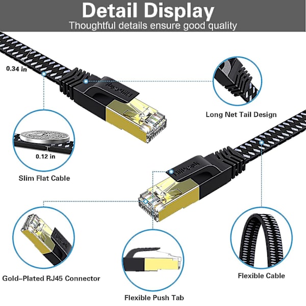 Cat 8 Litteä Ethernet-kaapeli 12m, Cat8 Nylonpunottu Internet-kaapeli, Nopea 40 Gbps Verkkokaapeli, Rj45 Pelikaapeli