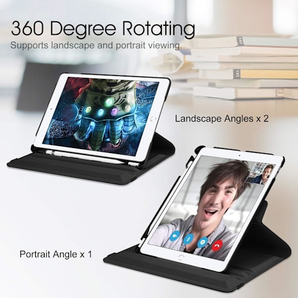 Rotationsetui til iPad 9. generation (2021) / 8. generation (2020) / 7. generation (2019) 10,2 tommer - 360 graders roterende stativcover sort