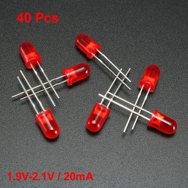 40 st 5 mm röda LED-diodlampor färgade linser diffusa runda 1,9-2,1 V 20 mA 0,02 W glödlampa elektroniska komponenter ljusemitterande dioder