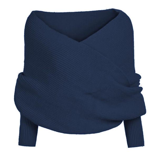 Stickad Tröja för Kvinnor med Halsduk och Ärmar - Varm Vinterhalsduk Navy Blue