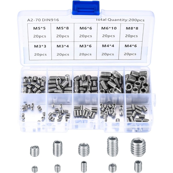 200 stk rustfrie stålskruer M3 M4 M5 M6 M8 Maskinskrue sortiment Støtskrue fikseringssæt Sunmostar