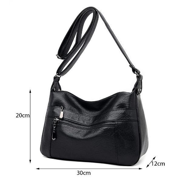 Damer Läder Crossbody Väska Multi-Fickor Mjuk Damer Läder Axelväska Handväska Lätt med Justerbar Rem (Svart)