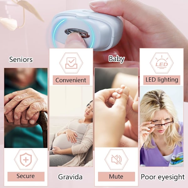 Automatisk elektrisk nagelklippare med 3 hastighetsnivåer och klippförvaring, LCD-ljus, säker nagelklippare, USB-laddningsbar White