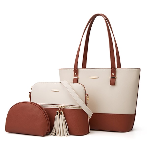 Håndveske for kvinner, 3-delt gradert skulderveske for kvinner - Perfet white-brown