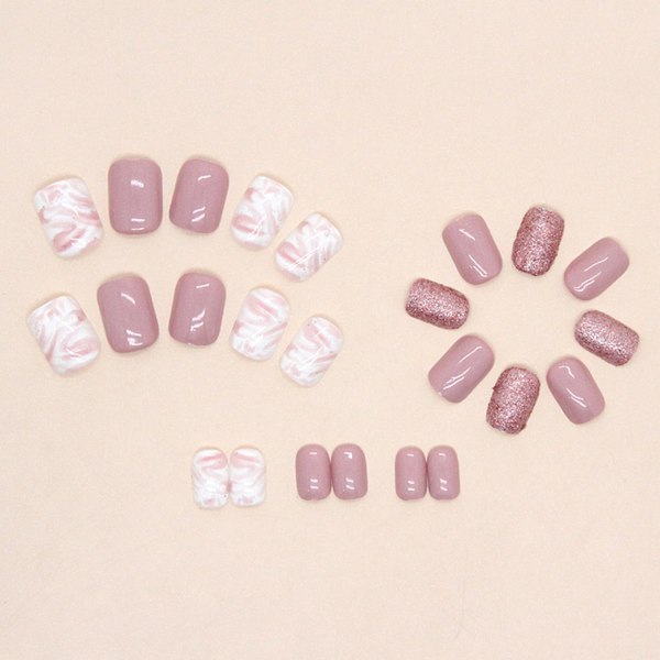 Glitter Pink Solid Color Print On Nails Short Coffin Shape False Nails Shiny Cover Artificial Nails Reusable Stick On Nails