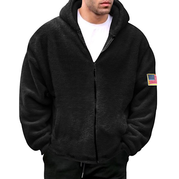 Vinter Sherpa Foret Zip Up Hoodie Til Mænd Sort Black M