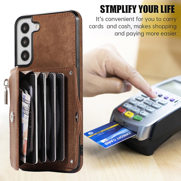 Til Samsung Galaxy S22 5g telefonetui Kickstand RFID-blokering Kort etui PU Læder+TPU cover Brown