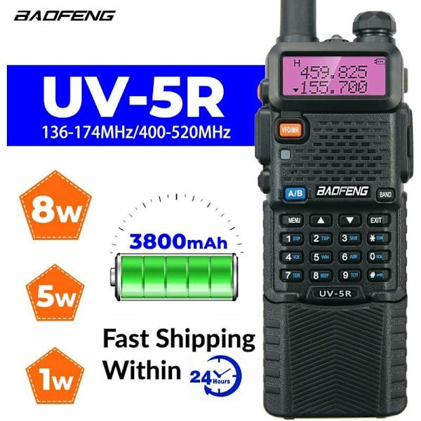 UV-5R 8W Walkie Talkie med 3800mAH batteri, FM-radio, hög effekt Dual Band 128 kanal radiokommunikationstransceiver (2-pack) h