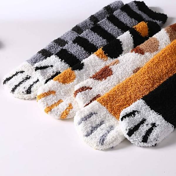 6 Par Söta Kattpåtassar Strumpor Kvinnor Vinter Fuzzy Cozy Plush Slip