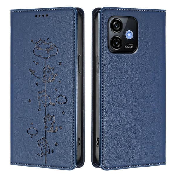 Søde Katte Præget Magnetisk RFID Vegansk Læder Telefoncover Dark Blue For Ulefone Note 16 Pro