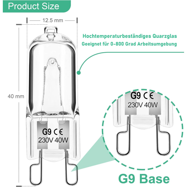 G9 pære 40W 230V Dimbar varm hvit, G9 halogenpære 300°C toleranse, G9 ovn pære for mikrobølgeovn taklamper, 12-pakning