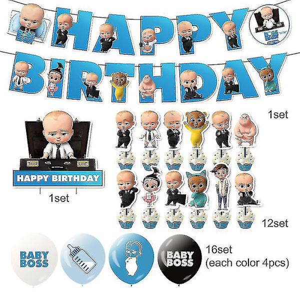 Baby Boss bursdagsfestdekorasjoner, Happy Birthday Banner Cake Toppers Ballonger Sett