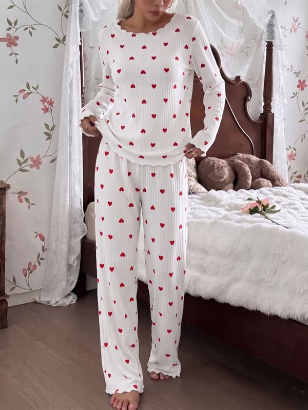 Ribbat pyjamasset för dam med hjärtmönster, långärmad tröja och loungebyxor med elastisk midja, varma vintersovkläder XXL White