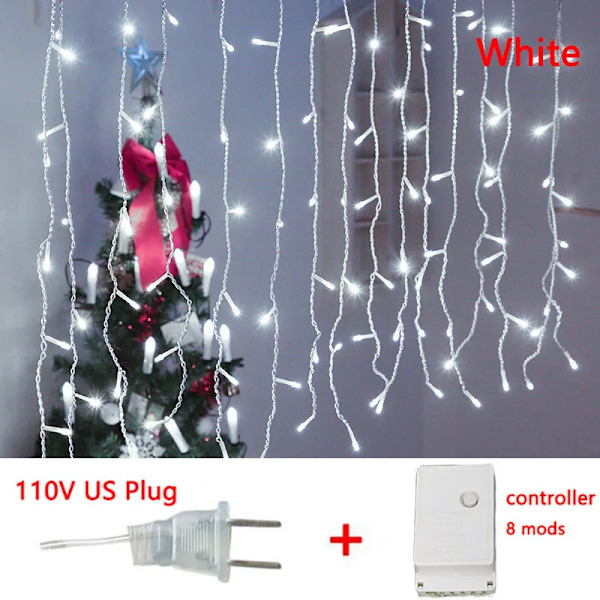 4-20M Gardin Islykter LED Lysstreng Bryllupsfest Lampe Feriebelysning Juledekorasjon for Hjem Takfot Gatedekorasjon 20X0.6M 500Leds 20X0.6M 500Leds US plug White