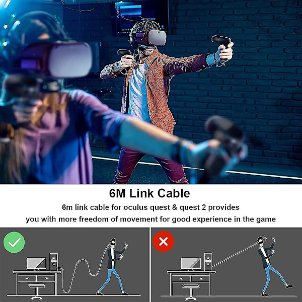 Link-kabel for Oculus Quest 2 Hurtiglading og PC-dataoverføring USB C 3.2 Gen1 5gbps Pd Overføringsladekabel Vr-headset Link-kabel Svart Black 6M