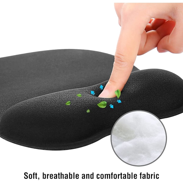 Musmatta med ergonomiskt handledsstöd, 4 mm musmatta med minnesskumfyllning, texturerad hållbar tvättbar, svart