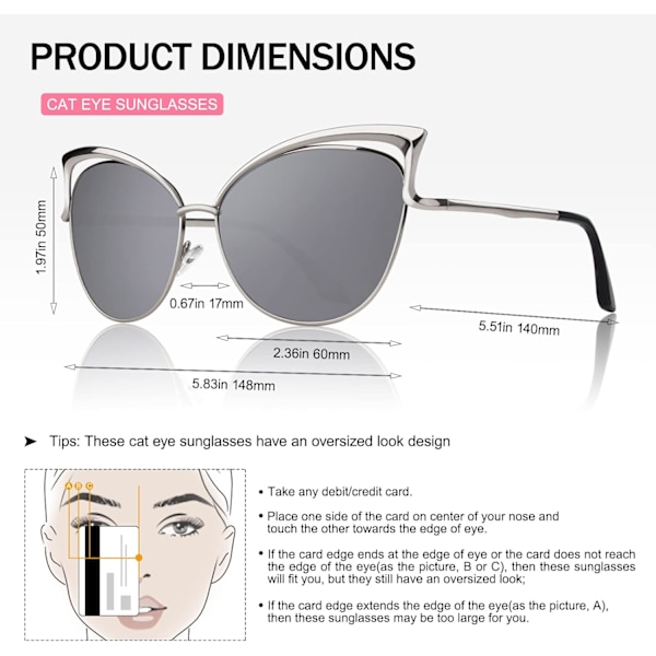 Trendy Oversized Solbriller til Kvinder Polariseret Cat Eye Cute UV400 Beskyttelse Sølv Silver Model B