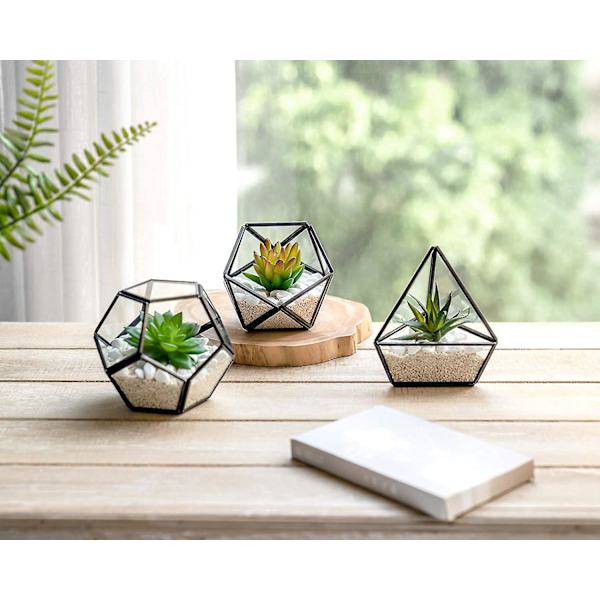 Kunstige sukkulenter i 3-pakning Mini glass geometrisk terrarium, miniatyr potteplanter falsk plante bokhylle skrivebord boho kontor rom dekor for kvinner jenter sovesal
