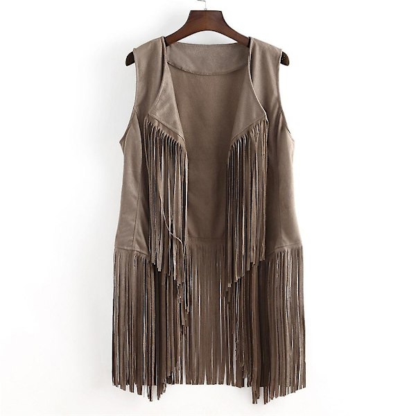 1970'ernes Kvinde Tassel Ærmeløs Vest 70'er Retro Hippie Kunstlæder Frynser Jakke Cardigan Beige Beige 3XL