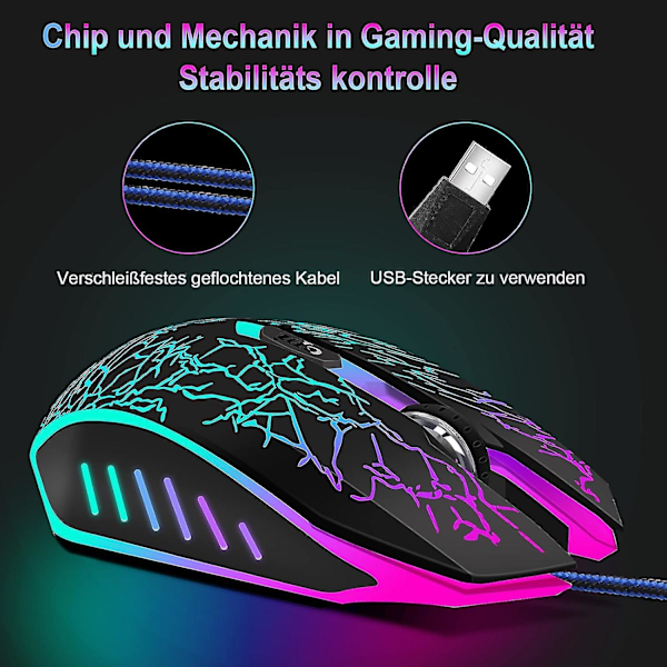 PC-mus med kabel, optisk USB-spelmus för stationär/bärbar dator, 1200 till 3600 4 justerbara DPI, RGB-ljus, ergonomisk med 6 programmerbara knappar