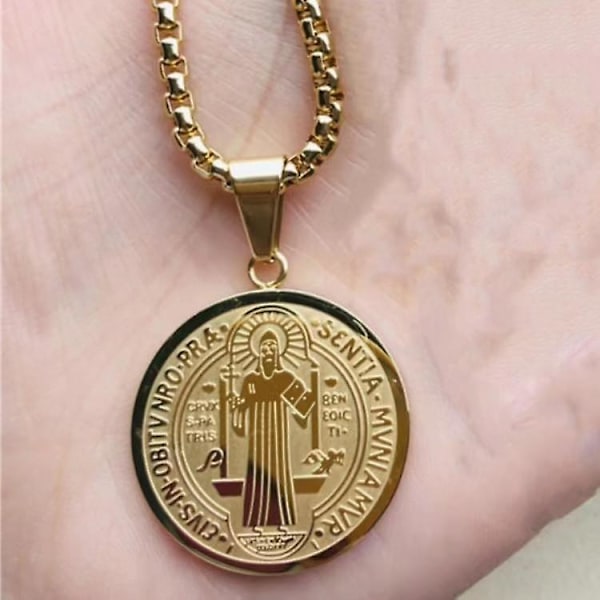 Katolsk Saint Benedict-medaljong anheng i gull