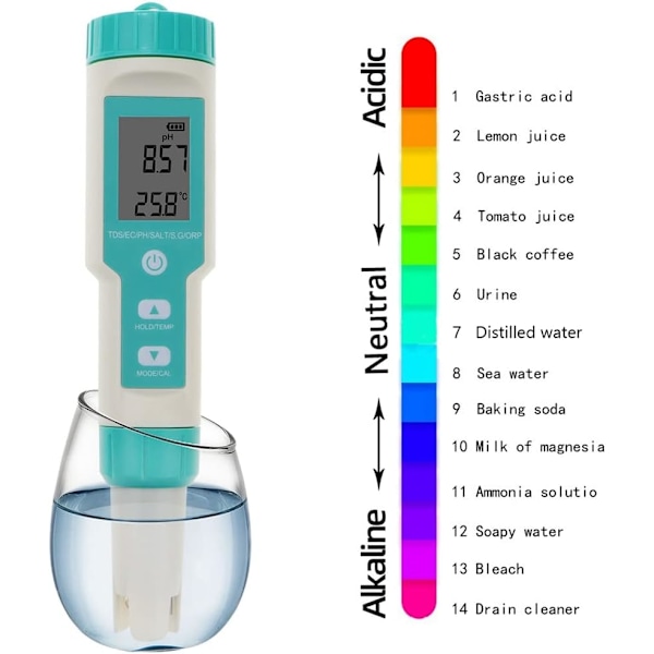 7 i 1 elektronisk pH-måler, pH-måler PH/TDS/Temp/SG/EC/ORP Vannkvalitetstestverktøy ± 0,01 Høy presisjon, pH-tester Drikkevannstester