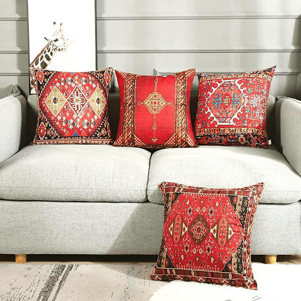 Set med 4 Kuddfodral 45cm x 45cm Geometrisk Persisk Heminredning Orientalisk Utomhuskudde Soffa Kuddfodral Färgglad Röd Tribal Kudde