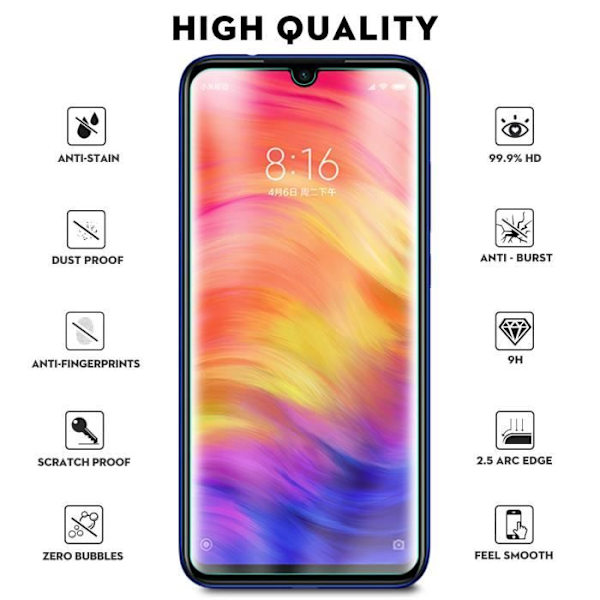 KUGI Hærdet glas til Xiaomi Redmi Note 7 skærmbeskytter Anti Scratch Ultra Resistent Ultra Transparent 9H Hårdhed 2 Pack