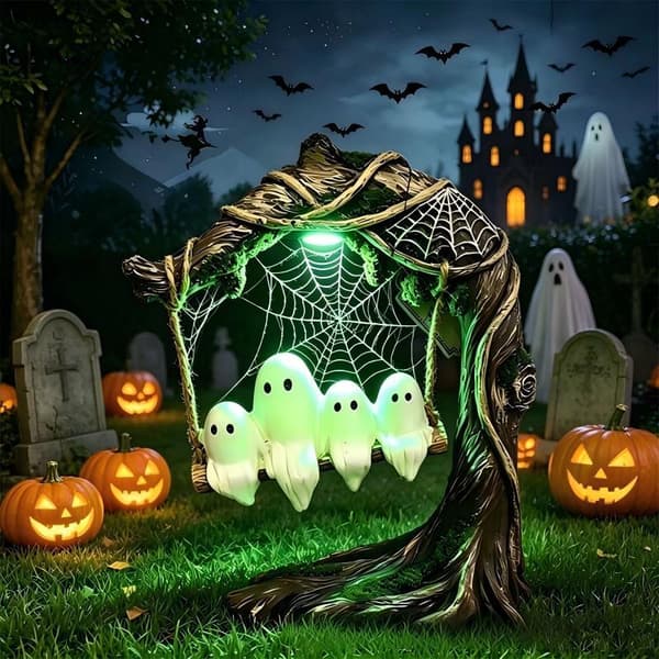 Lysende Spøkelsesgynge i Harpiks Halloween-dekorasjon, Premium Hage- og Terrassepynt med LED-lys Spider web