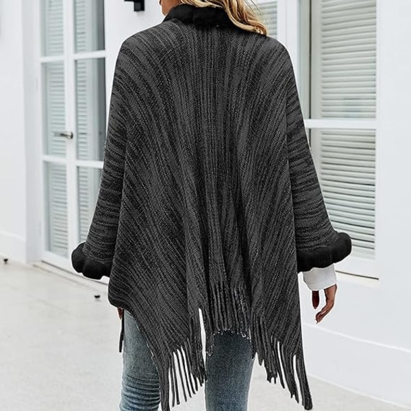 Universal varm poncho til kvinder - sort, elegant kunstpels frynser