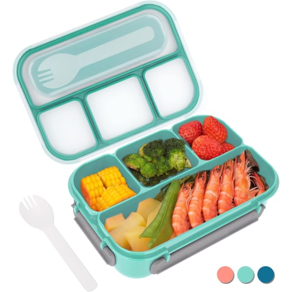 Bento Lunch Box, Bento Lunch Box för vuxna, Lunch Box för småbarn/barn/vuxna, 1300 ml-4 fack och gaffel; Läckagesäker (Grön)