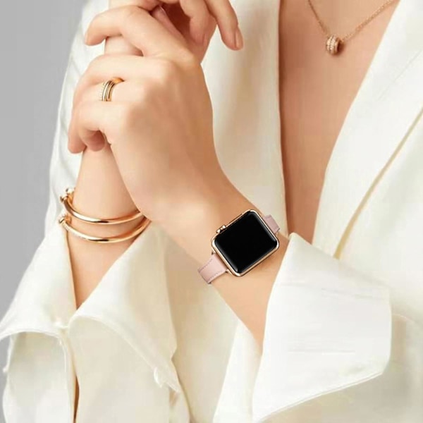 Slanke læderremme kompatible med Apple Watch Band 38 mm Blegrosa med guld Pale pink with Gold 42mm/44mm/45mm/49mm