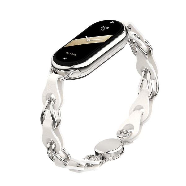 För Xiaomi Smart Band 8 Magnetic Watch Band Äkta kolläder + Kedjearmband av aluminiumlegering White