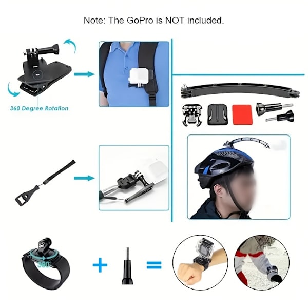 12-i-1 actionkamera tilbehørssæt kompatibel med GoPro Hero (tilbehør inkluderer brystrem/selfiestang/flydende stang/cykelstativ osv.)