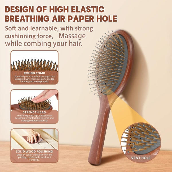 Luftkuddekam (oval kam), stor träkam, hög elastisk che