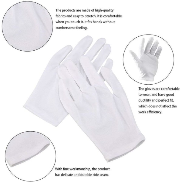 12 par hvide bomulds handsker Tynde og lette bløde elastiske bomuld