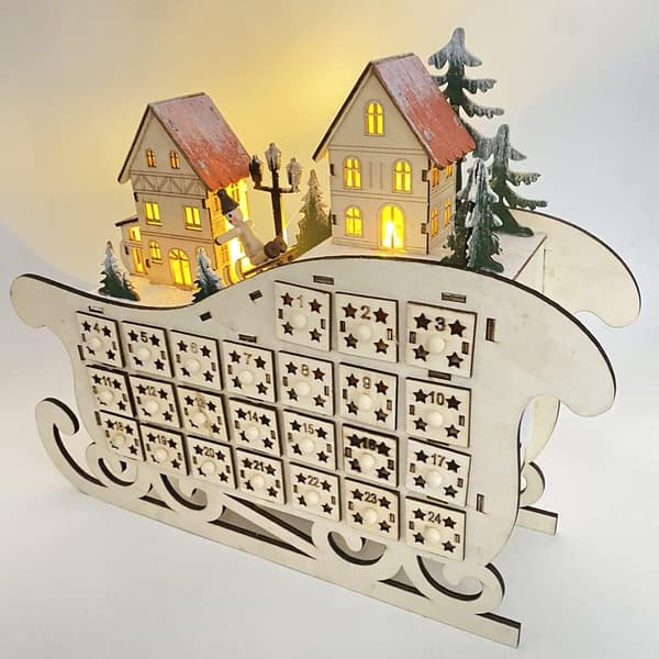 Træ Julkalender med LED-lys, Nedtælling til Jul, Juledekorationer