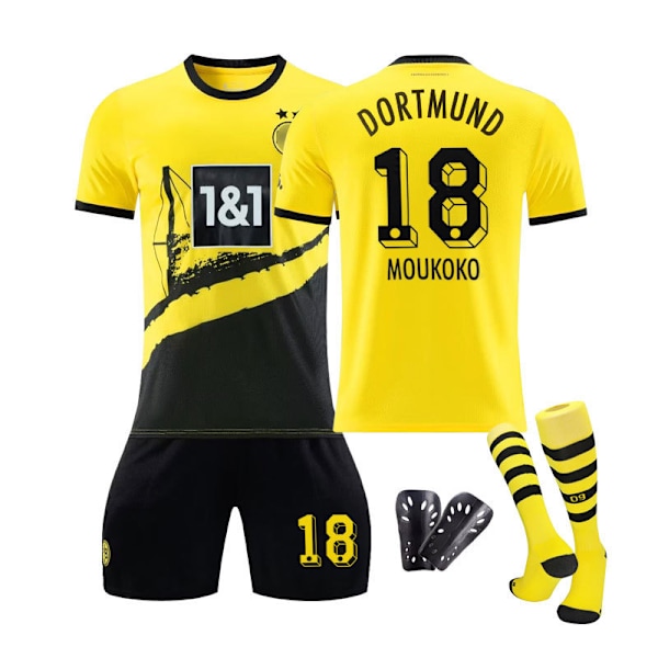 23/24 Dortmund Hjemme Fodboldtrøje Sæt til Børn med Strømper og Cover 18 MOUKOKO 18 MOUKOKO 3XL