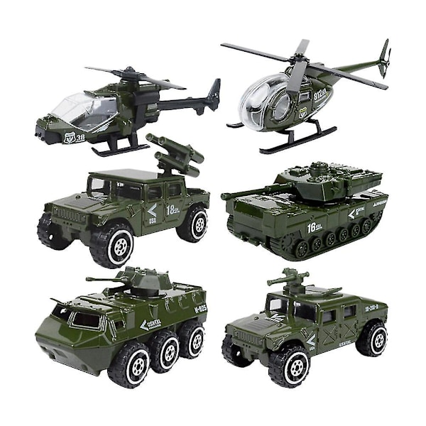 6 st 1:87 Legering Glidande Bilmodell Set Legering Militärfordon Mini Diecast Bil Leksaksset Helikopter Tank Pansarbil För Barn Pojkar