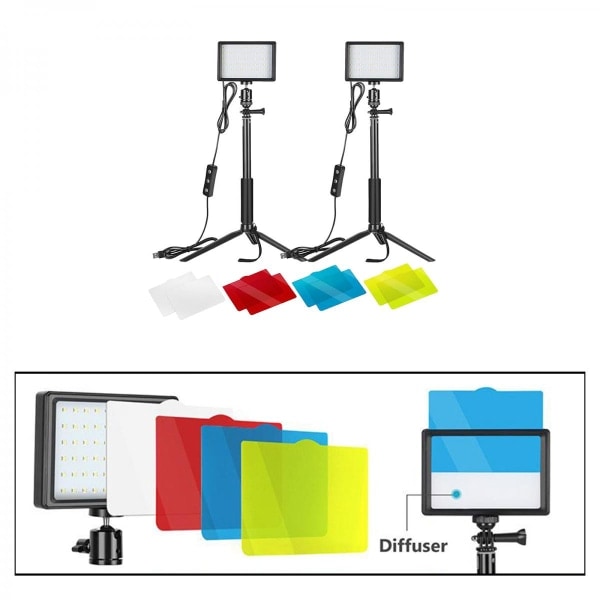 Justerbart LED-panel USB-videolys 5600K Sett med 2 LED-lys med stativ og fargede filtre Egnet for fotoportrett Youtube-video