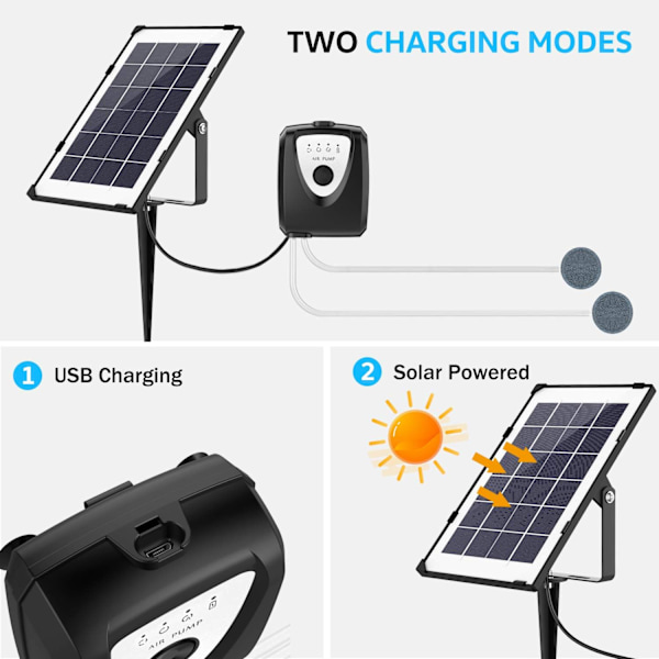 Solarluftpumpe, akvariebelufter, dam belufter med akvarie iltslange og luftsten (Sort)[qb]