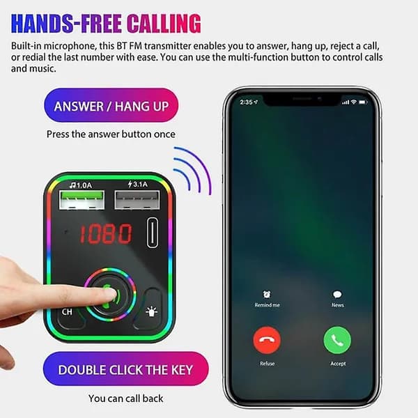Bil Bluetooth 5.0 Fm-sender Dobbel USB Typec Lader Mp3-spiller LED Bakgrunnsbelysning Pd Hurtiglader Adapter Håndfri Bilsett