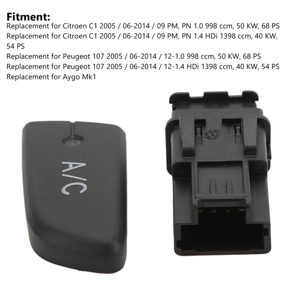 Ilmastointilaitteen AC-kytkin painonappi korkilla 6554KX Vaihto Citroen C1 2005-2014