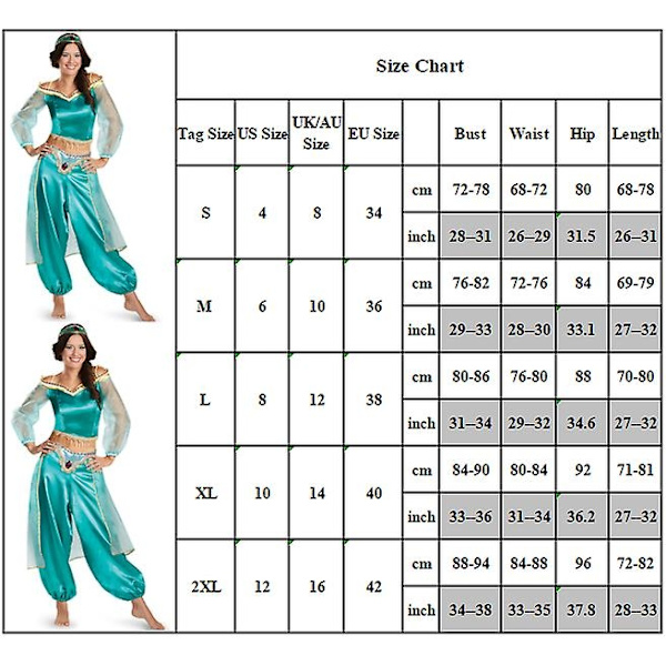 Kvinders Halloween Aladdin Jasmine Prinsesse Udklædning Karneval Cosplay Kostume Blå Grøn S Himmelblå Sky Blue 2XL