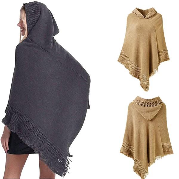 Chic varmvirkad huva Poncho Cape (khaki) för höstvinterkvinnor