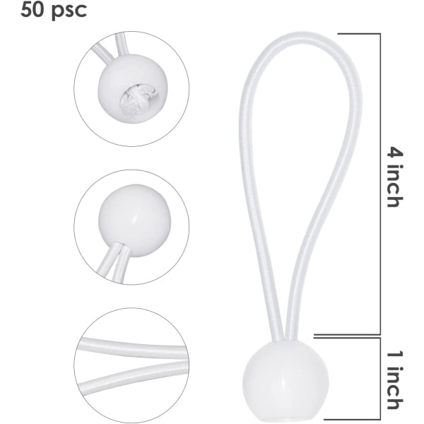 50 ST Bunge Balls hvite 4-tommers, kraftig presenning Bunge-tau, Canop